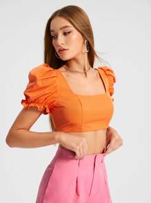 ELLEY OREM EO CAZ Square Neck Puff Sleeve Crop Top