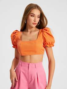 ELLEY OREM EO CAZ Square Neck Puff Sleeve Crop Top