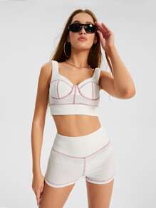 Drea Contrast Stitch Tank Top & Shorts Set - White - View 1