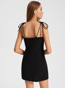 Raluk Vestido de tirantes con diseño de diamante de imitación de hombros con cordón bajo con abertura - Negro - Ver 2