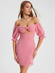 Raluk Off Shoulder Cut Out Front Split Hem Dress - Pink - View 1