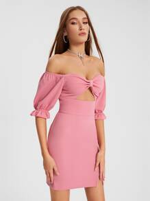 Raluk Off Shoulder Cut Out Front Split Hem Dress - Pink - View 3