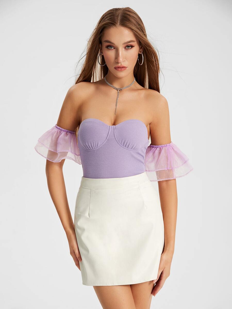 Raluk Off Shoulder Contrast Mesh Sleeve Bustier Bodysuit - Lilac Purple - View 1