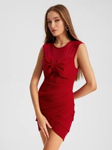 Raluk Vestido con lazo delantero fruncido bajo tulipán - Burdeos - Ver 3