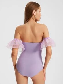 Raluk Off Shoulder Contrast Mesh Sleeve Bustier Bodysuit - Lilac Purple - View 2