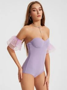 Raluk Off Shoulder Contrast Mesh Sleeve Bustier Bodysuit - Lilac Purple - View 4