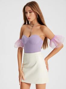 Raluk Off Shoulder Contrast Mesh Sleeve Bustier Bodysuit - Lilac Purple - View 6