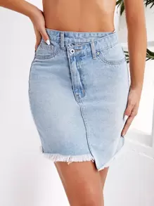 Váy denim nữ Túi Dây kéo Nút Hem thô màu trơn - Rửa nhẹ - Xem 1