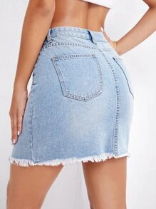 Váy denim nữ Túi Dây kéo Nút Hem thô màu trơn - Rửa nhẹ - Xem 2