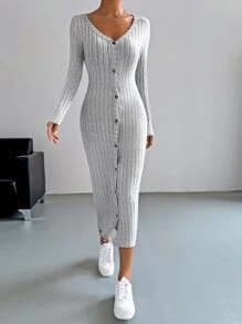 SHEIN EZwear 春季连衣裙纽扣罗纹针织紧身连衣裙 - 灰色 - 查看 3