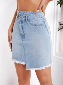 Váy denim nữ Túi Dây kéo Nút Hem thô màu trơn - Rửa nhẹ - Xem 5