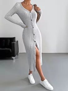 SHEIN EZwear 春季连衣裙纽扣罗纹针织紧身连衣裙 - 灰色 - 查看 7