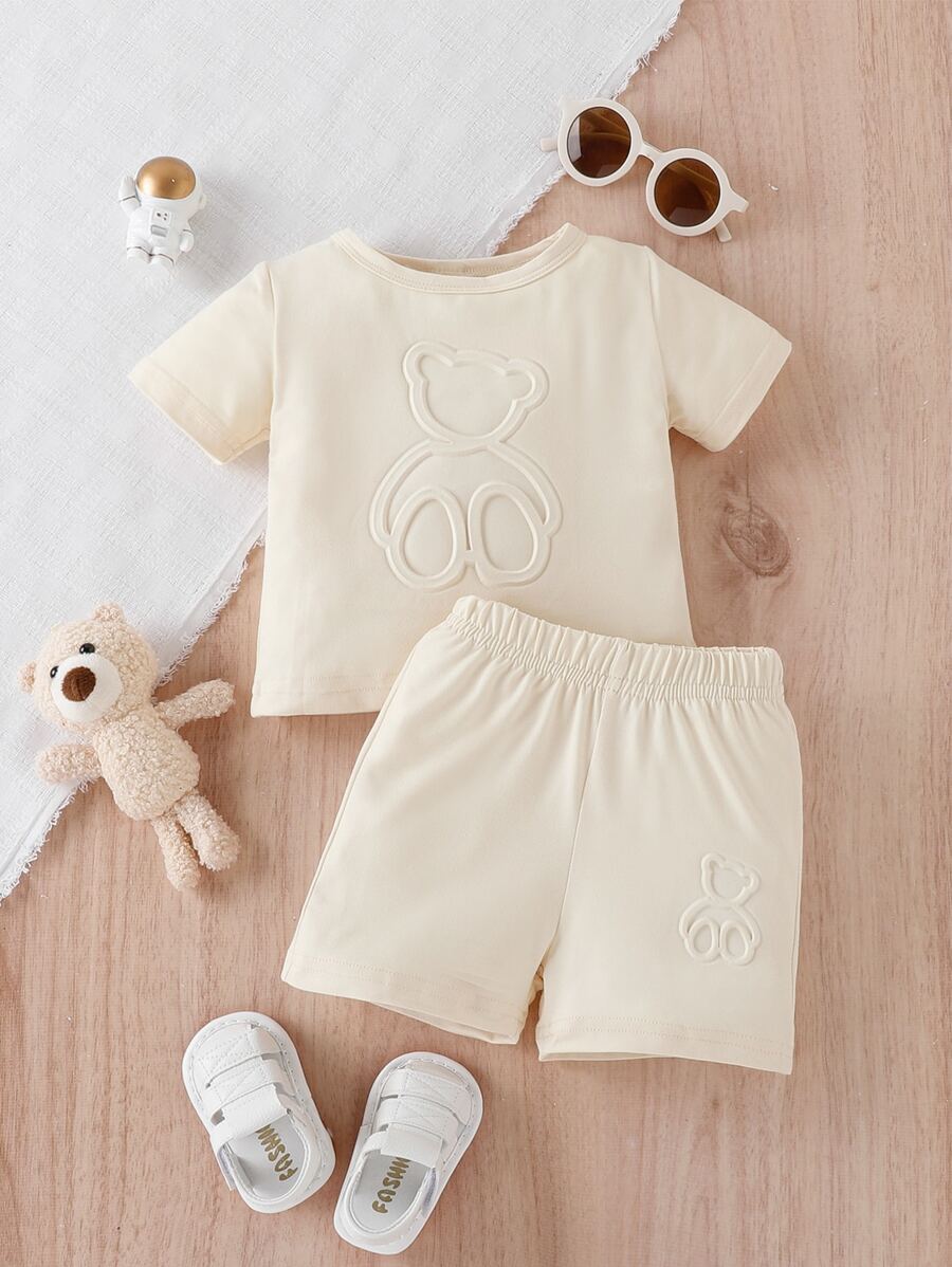 Baby Boys' Cartoon Patterned Texture T-Shirt And Shorts Set - Apricot - View 1