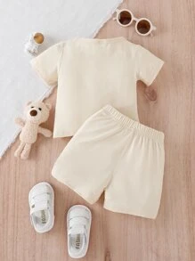 Baby Boys' Cartoon Patterned Texture T-Shirt And Shorts Set - Apricot - View 2
