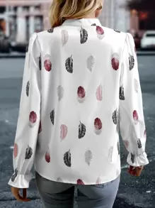 SHEIN Clasi 羽毛印花缺口領荷葉袖襯衫 - 白色 - 查看 2