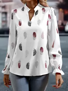 SHEIN Clasi 羽毛印花缺口領荷葉袖襯衫 - 白色 - 查看 4