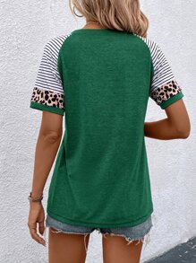SHEIN LUNE Striped & Leopard Print Raglan Sleeve Tee Graphic Cheetah Print Tees Women Tops - Green - View 2