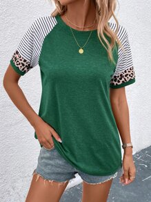 SHEIN LUNE Striped & Leopard Print Raglan Sleeve Tee Graphic Cheetah Print Tees Women Tops - Green - View 4