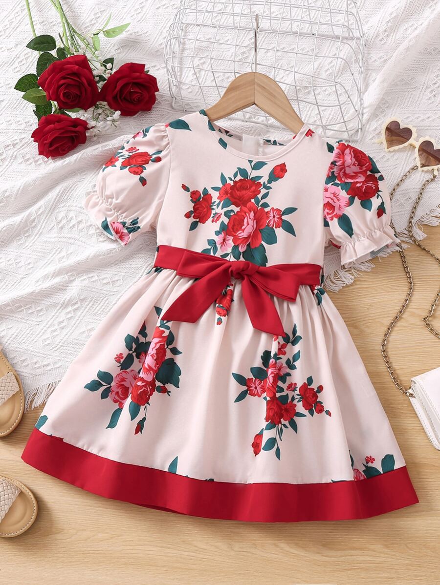 小女童印花泡泡袖洋裝