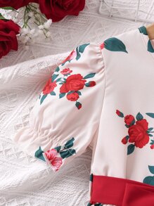 小女童印花泡泡袖洋裝