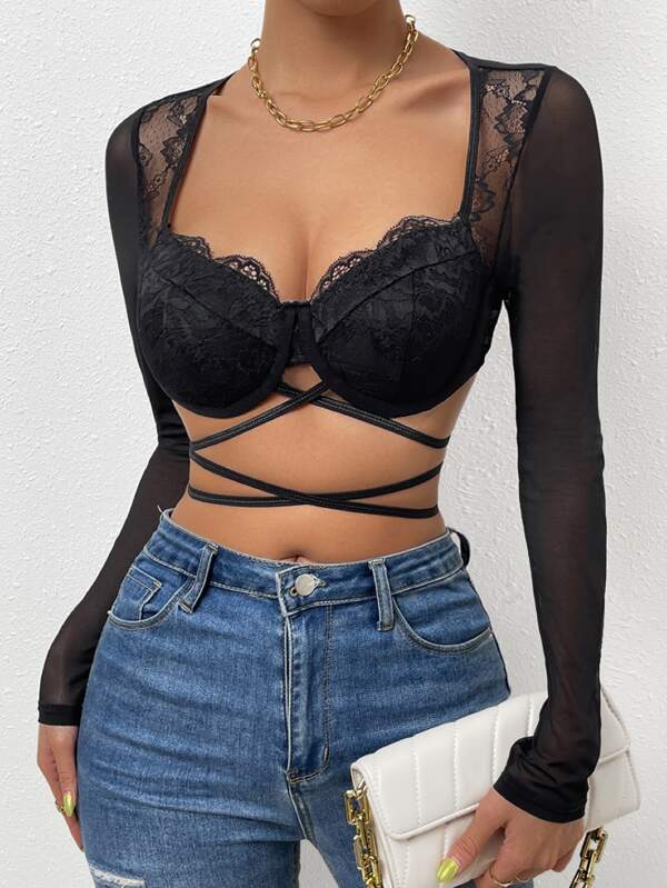 SHEIN Allurite Top de cintura con cordón panel con encaje crop de malla