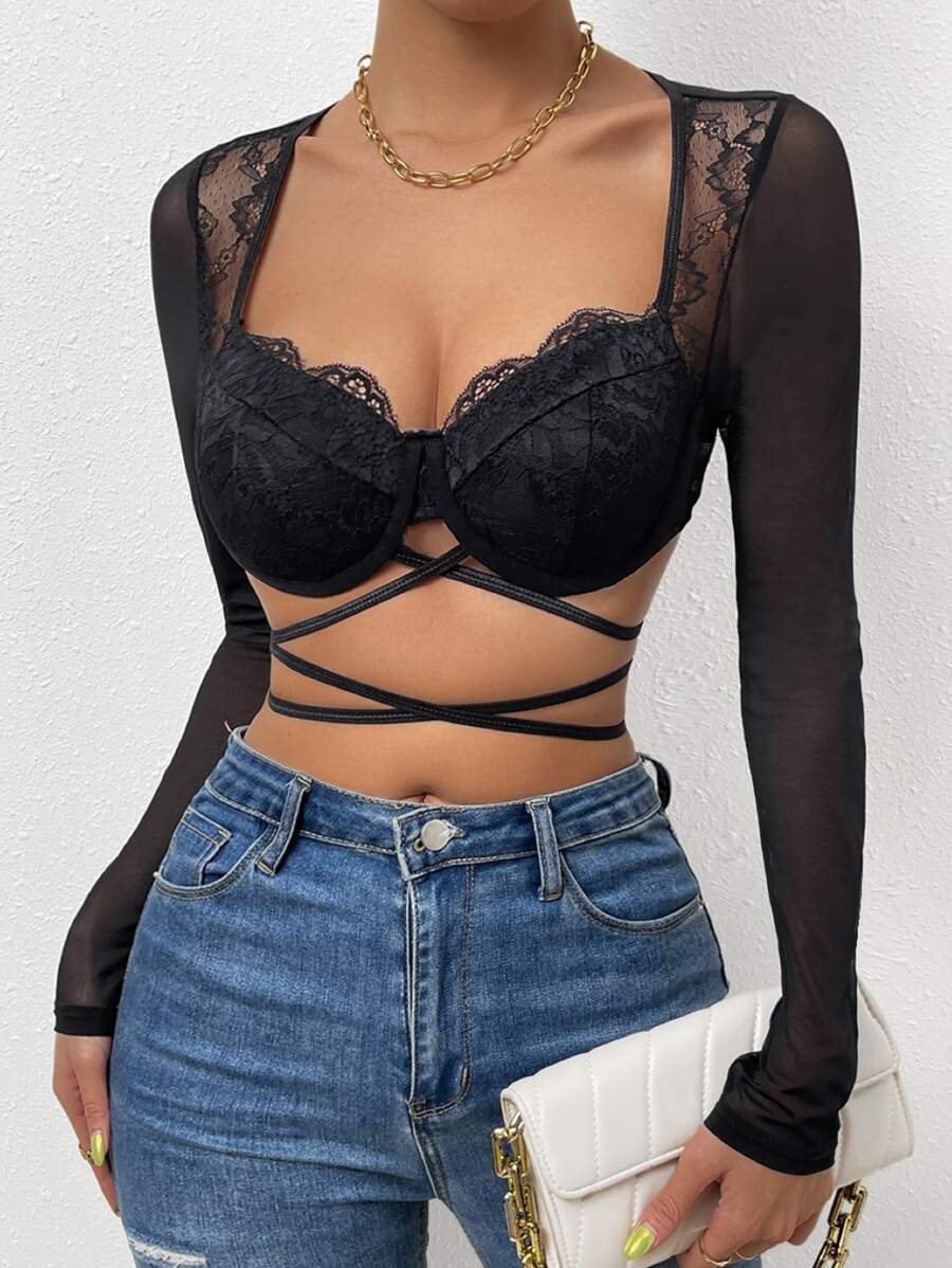 SHEIN Allurite Áo nữ Hội Chữ thập cắt Buộc lại màu trơn Gợi cảm - màu đen - Xem 1