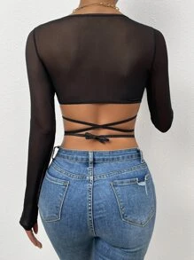 SHEIN Allurite Áo nữ Hội Chữ thập cắt Buộc lại màu trơn Gợi cảm - màu đen - Xem 2