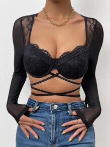 SHEIN Allurite Áo nữ Hội Chữ thập cắt Buộc lại màu trơn Gợi cảm - màu đen - Xem 4