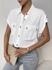 SHEIN Essnce Flap Pocket Batwing Sleeve Button Front Shirt - White - View 1