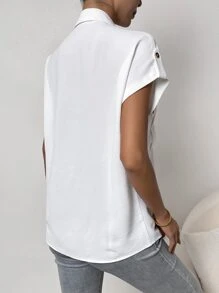 SHEIN Essnce Flap Pocket Batwing Sleeve Button Front Shirt - White - View 2
