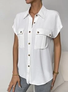SHEIN Essnce Flap Pocket Batwing Sleeve Button Front Shirt - White - View 3