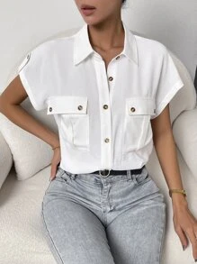 SHEIN Essnce Flap Pocket Batwing Sleeve Button Front Shirt - White - View 6