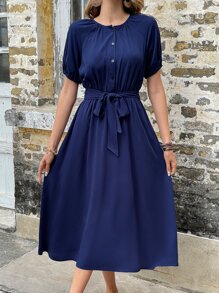 SHEIN LUNE 素色前紐扣連衣裙 - 藏蓝色 - 查看 3