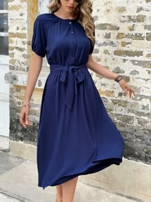 SHEIN LUNE 素色前紐扣連衣裙 - 藏蓝色 - 查看 5