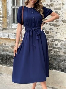 SHEIN LUNE 素色前紐扣連衣裙 - 藏蓝色 - 查看 2