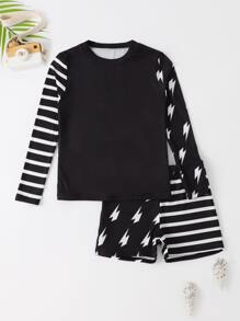 Boys Stripe Print Swimsuit - Black and White - View 1