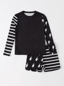 Boys Stripe Print Swimsuit - Black and White - View 3