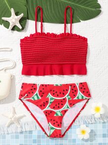 SHEIN 青少年女孩西瓜印花褶饰荷叶边比基尼套装夏季海滩 - 紅色 - 查看 1