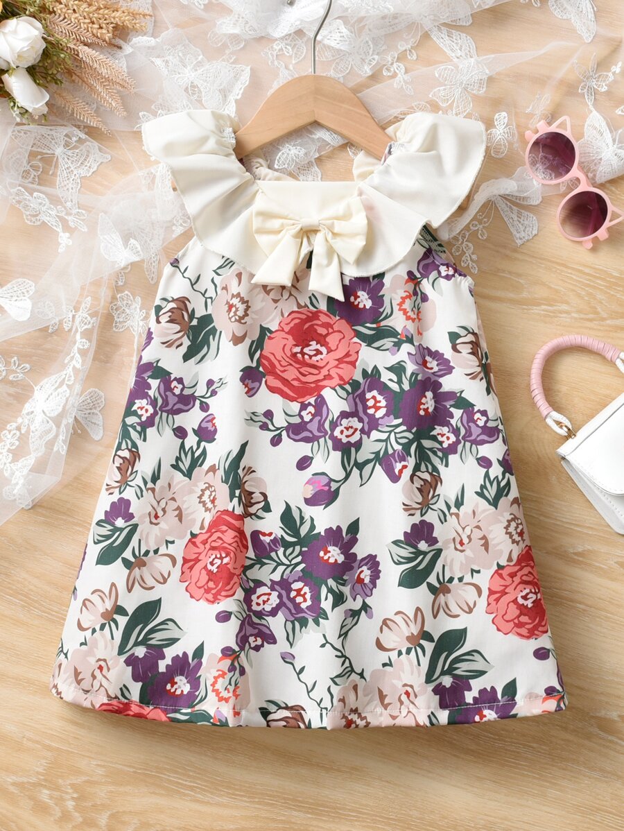 Toddler Girls Floral Print Ruffle Trim Bow Front Dress - Multicolor - View 1