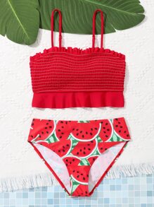 SHEIN 青少年女孩西瓜印花褶饰荷叶边比基尼套装夏季海滩 - 紅色 - 查看 4