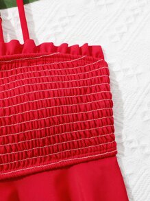 SHEIN 青少年女孩西瓜印花褶饰荷叶边比基尼套装夏季海滩 - 紅色 - 查看 5