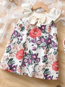 Toddler Girls Floral Print Ruffle Trim Bow Front Dress - Multicolor - View 7