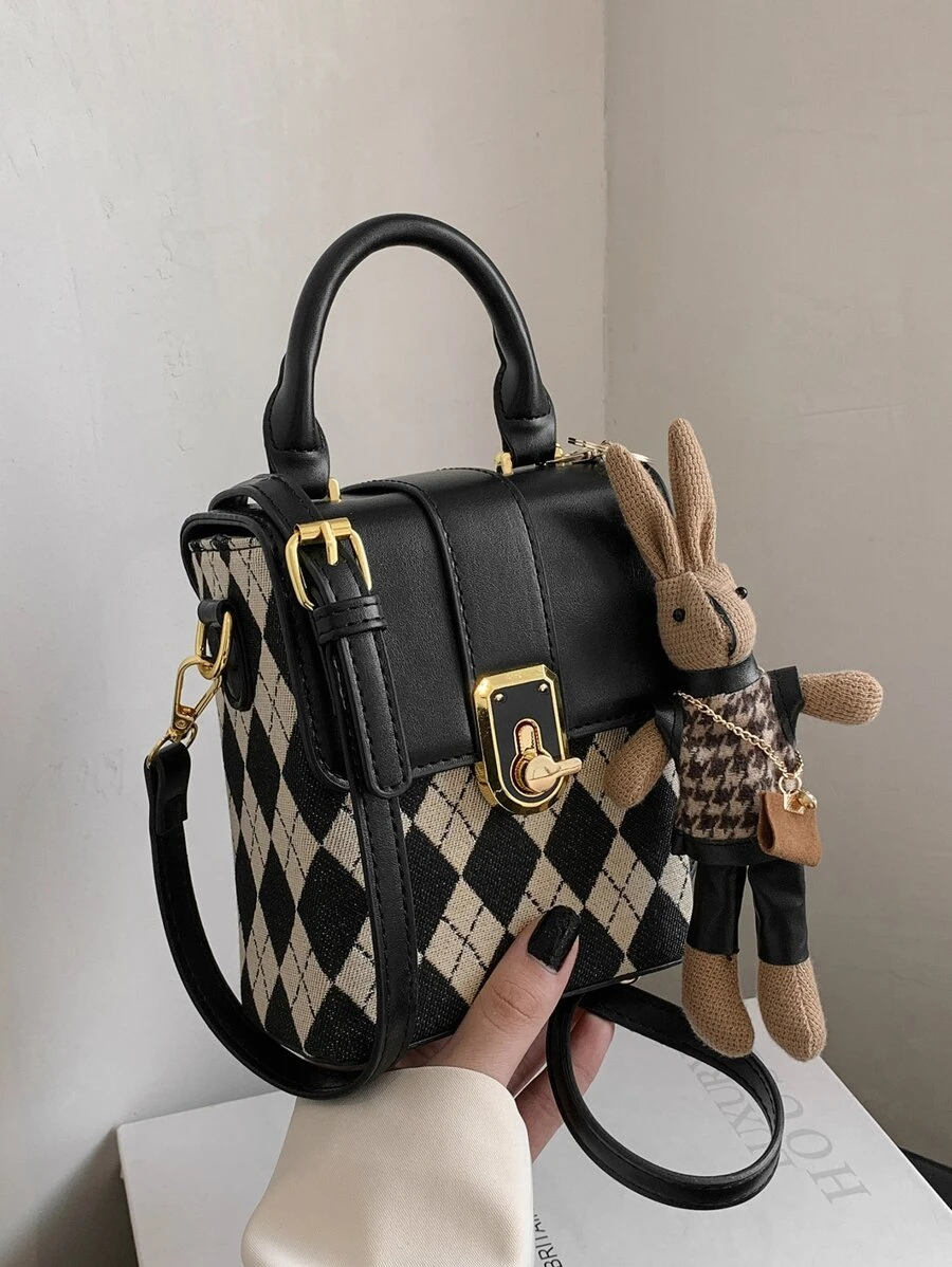 Mini Argyle Pattern Rabbit Decor Square Bag - Multicolor - View 1