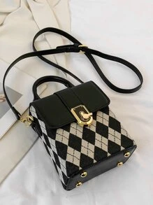 Mini Argyle Pattern Rabbit Decor Square Bag - Multicolor - View 2