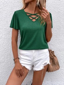 SHEIN LUNE Criss Cross Butterfly Sleeve Tee - Green - View 5