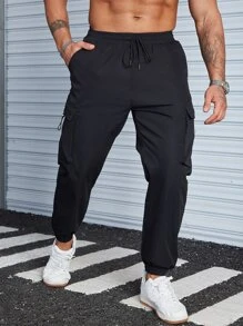 Manfinity Hombres Pantalones cargo con bolsillo lateral con solapa de cintura con cordón - Negro - Ver 3