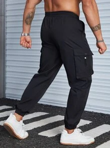 Manfinity Hombres Pantalones cargo con bolsillo lateral con solapa de cintura con cordón - Negro - Ver 2