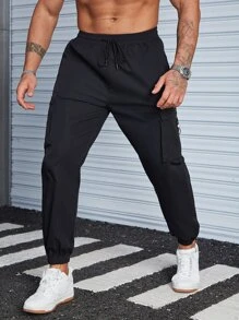 Manfinity Hombres Pantalones cargo con bolsillo lateral con solapa de cintura con cordón - Negro - Ver 4