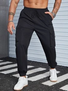 Manfinity Hombres Pantalones cargo con bolsillo lateral con solapa de cintura con cordón - Negro - Ver 6