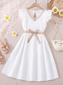 Vestido De Cinturón De Manga De Volantes Con Ribete En Contraste Para Niña Adolescente - Blanco - Ver 1